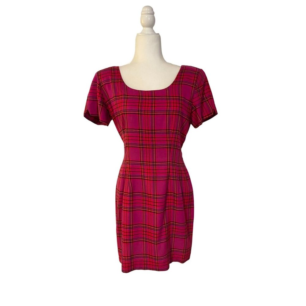 Vintage La Belle Pink Red Plaid Tartan Fitted Short Sleeve Dress